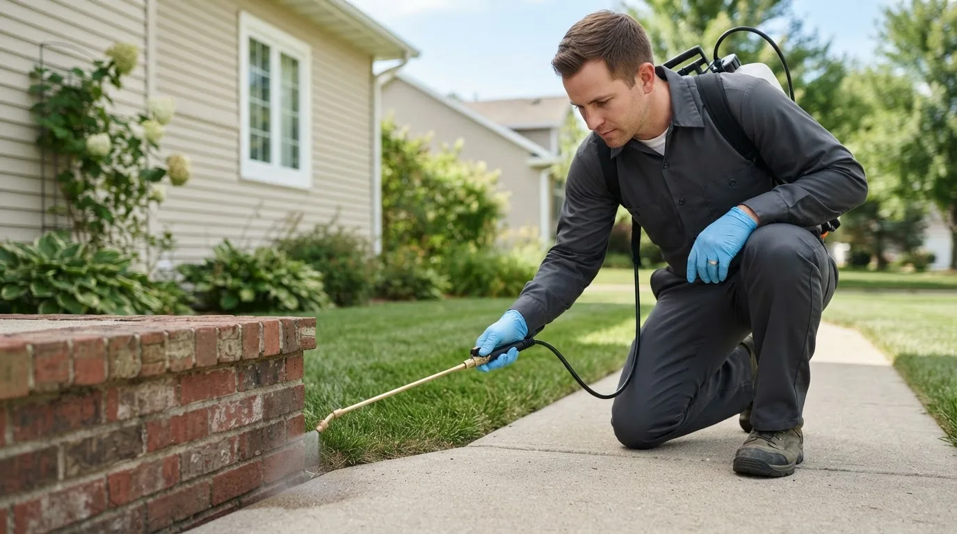 Pest control technician treating a home near Piney Creek, NC