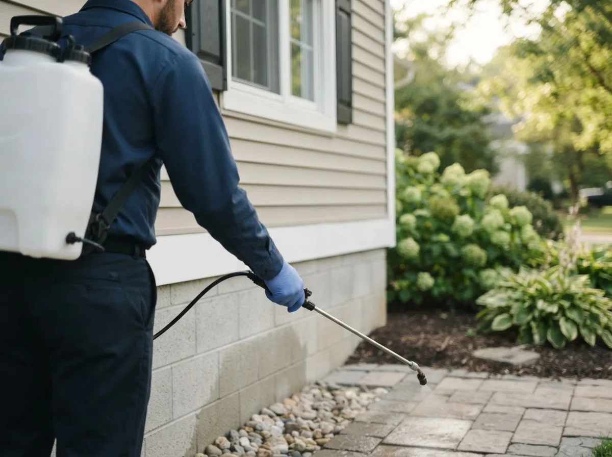 Pest control technician inspecting a home in Piney Creek, NC